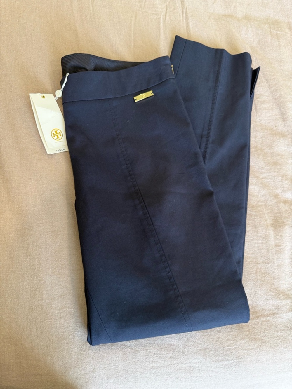 Tory Burch Navy Callie Skinny Pants with Gold Logo Plaque